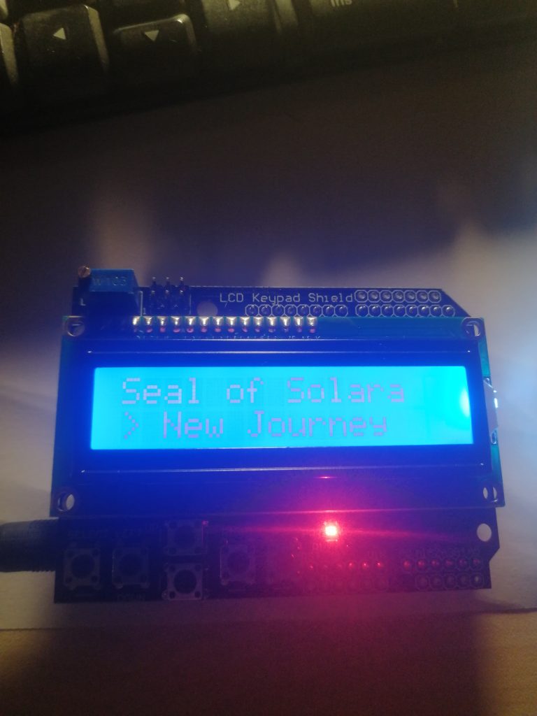 “Arduino and LCD screen used to build a text-based adventure game console. Seal of Solara project coded with Copilot.”