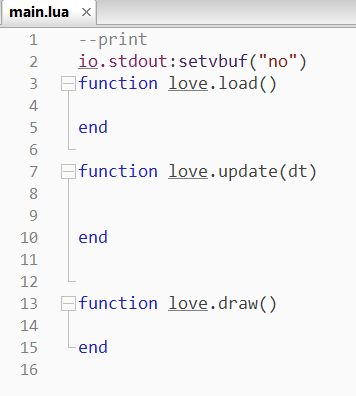 “Screenshot of a Lua script in LÖVE showing the basic game loop with load, update, and draw functions.”