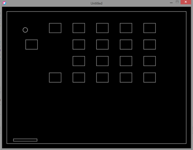 “Screenshot of a breakout style game built with Lua and LÖVE, showing bricks arranged in rows, a paddle at the bottom, and a ball in play.”
