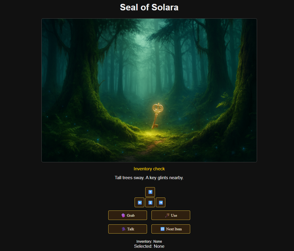 Fantasy adventure game interface showing enchanted forest scene, glowing magical key, and player interaction options like grab, use, and talk.