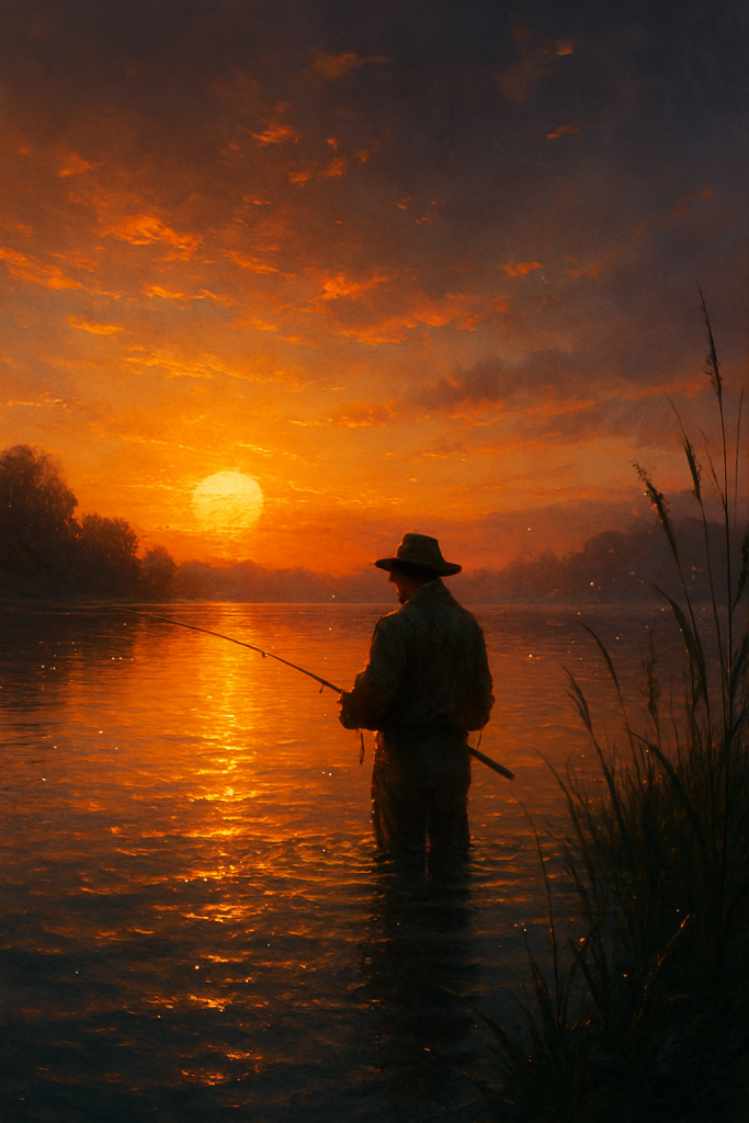 Sunset fishing scene with silhouetted figure in shallow water, glowing orange sky, and tall grasses — tranquil nature moment from Seal of Solara.