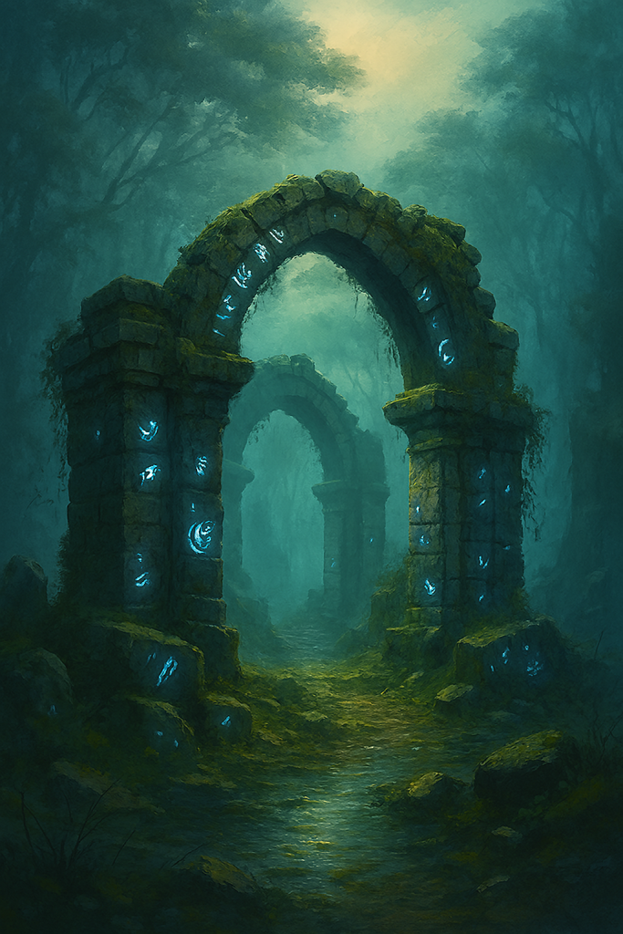Fantasy forest with magical stone portals, glowing runes, and ethereal fog — concept art for browser-based adventure game Seal of Solara.